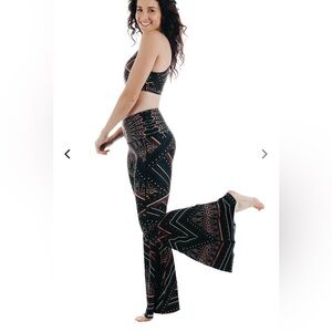 High-Rise Black Flare Yoga Pants with Copper Geometric Humble Print